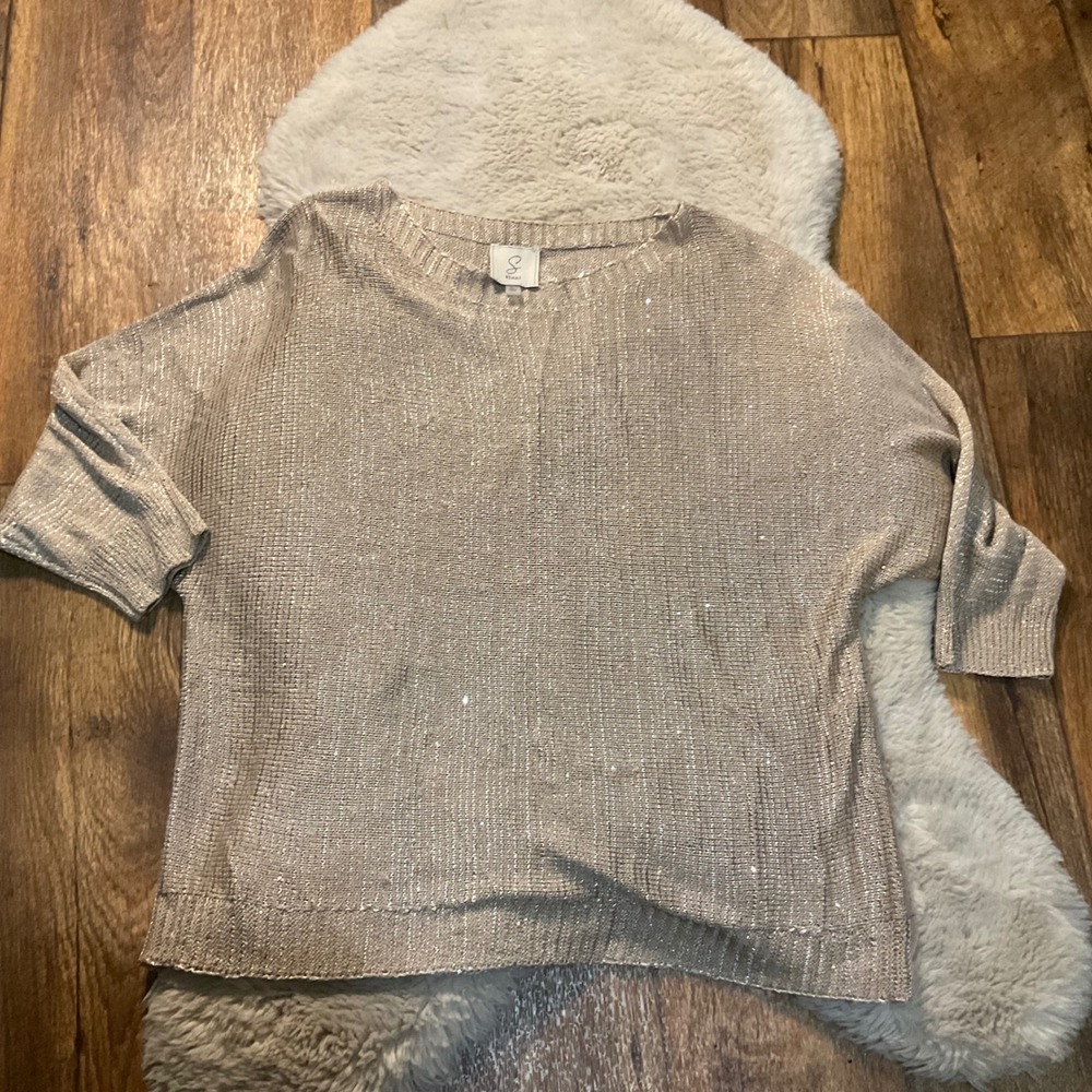 Sioni Size Large Sweater‎ 3/4 Sleeve Tan Sparkle Womens Open Knit